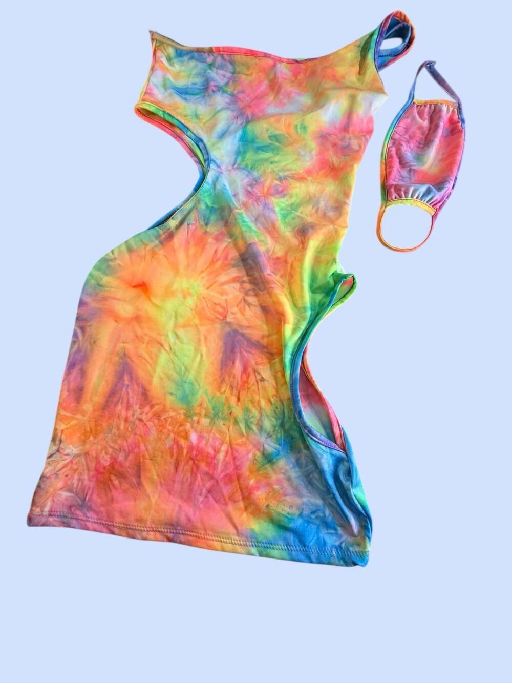 Belita Collection S Shoulder Cut-Out Tie Dye Mini Dress with Matching Face Mask